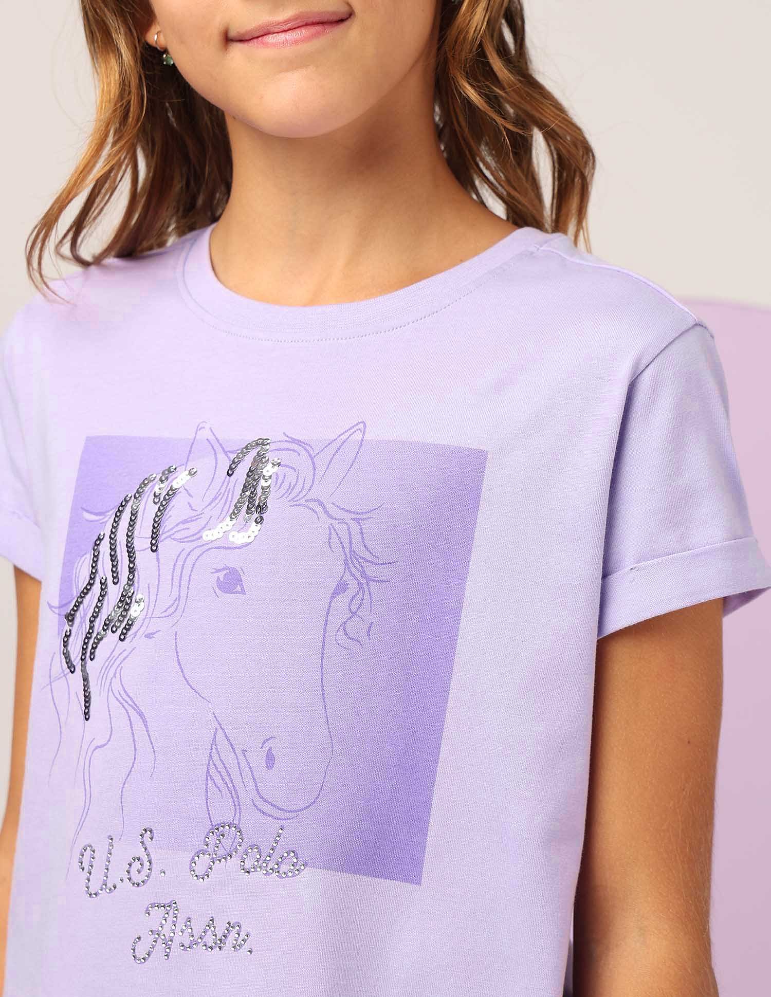 U.S. Polo Assn. Kids Girls Sequins Detailed Relaxed Fit T-Shirt