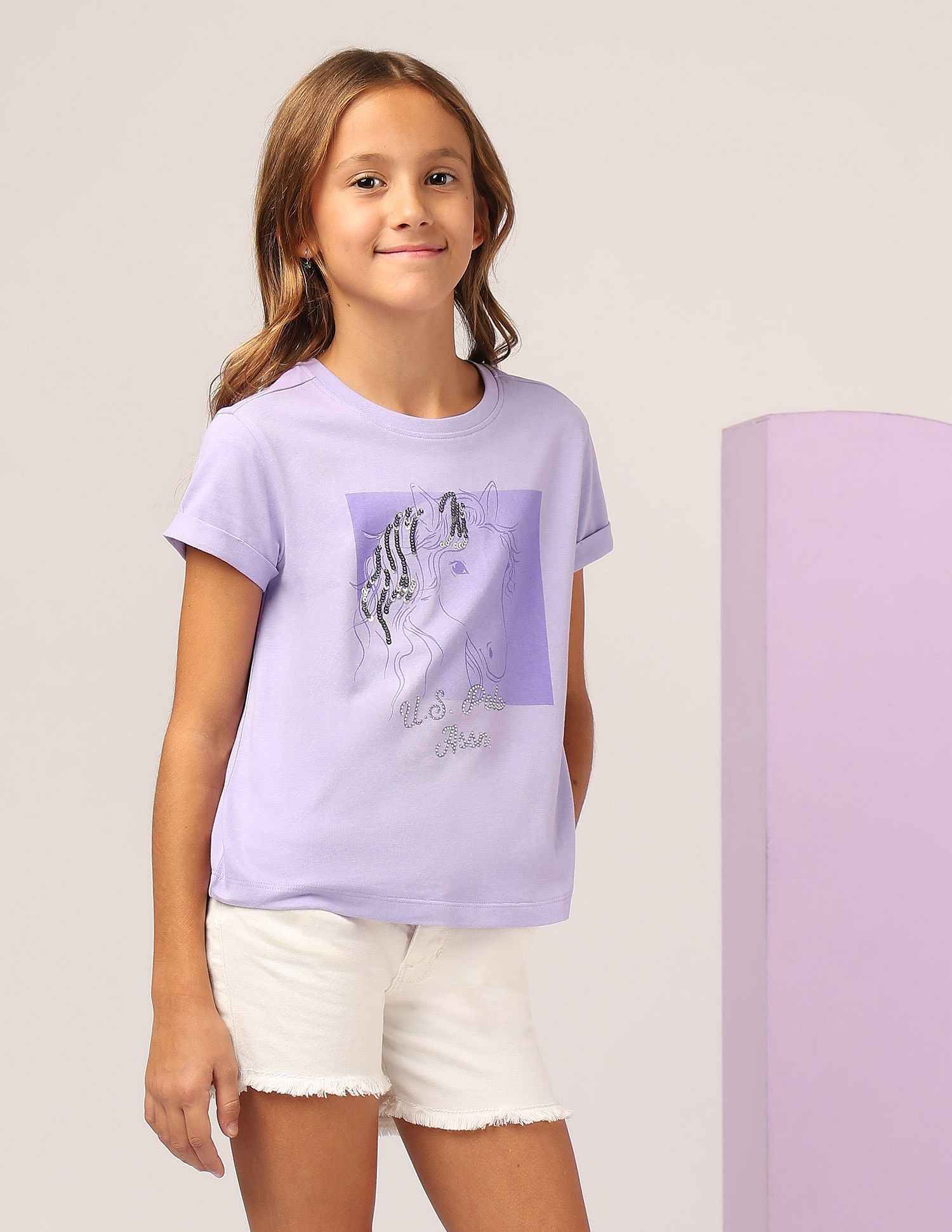 U.S. Polo Assn. Kids Girls Sequins Detailed Relaxed Fit T-Shirt