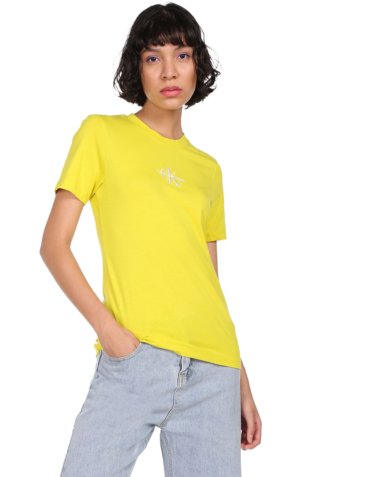 Buy Calvin Klein Women Yellow Round Neck Solid Cotton T-Shirt 