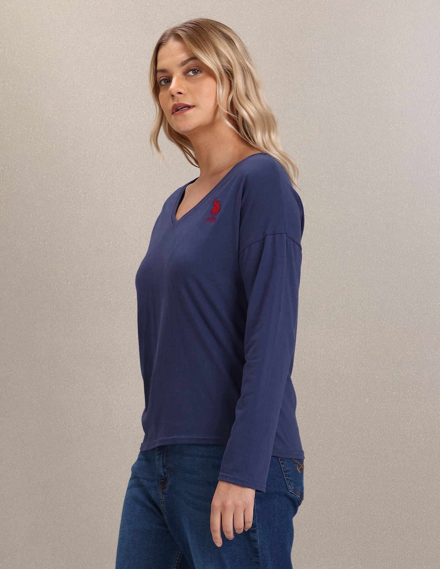 U.S. Polo Assn. Women V-Neck Long Sleeve Solid Top