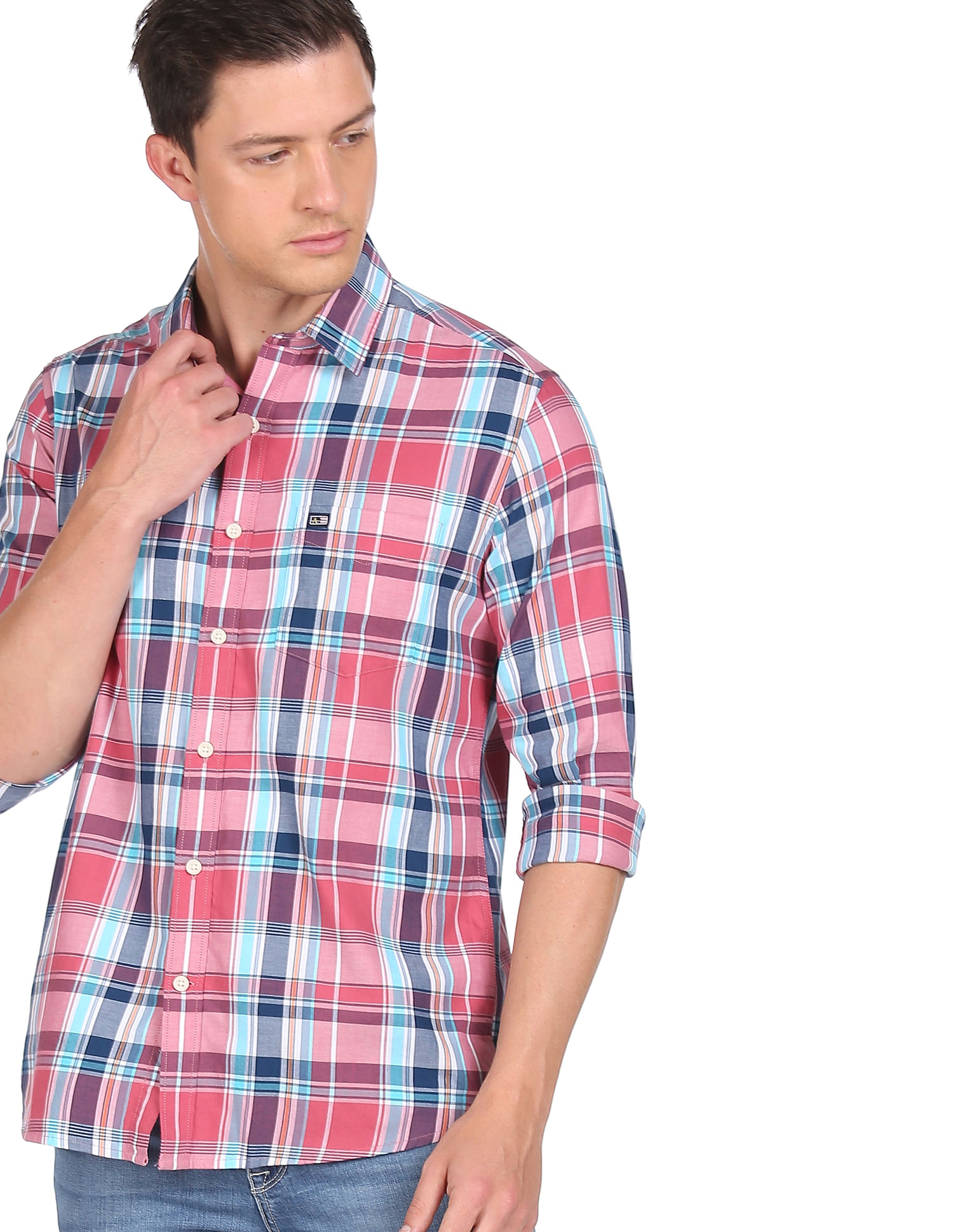 pink and blue check shirt