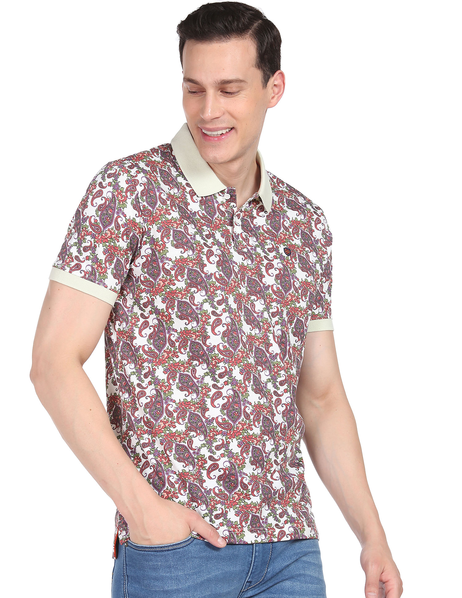 AD by Arvind Modern Floral Print Polo Shirt
