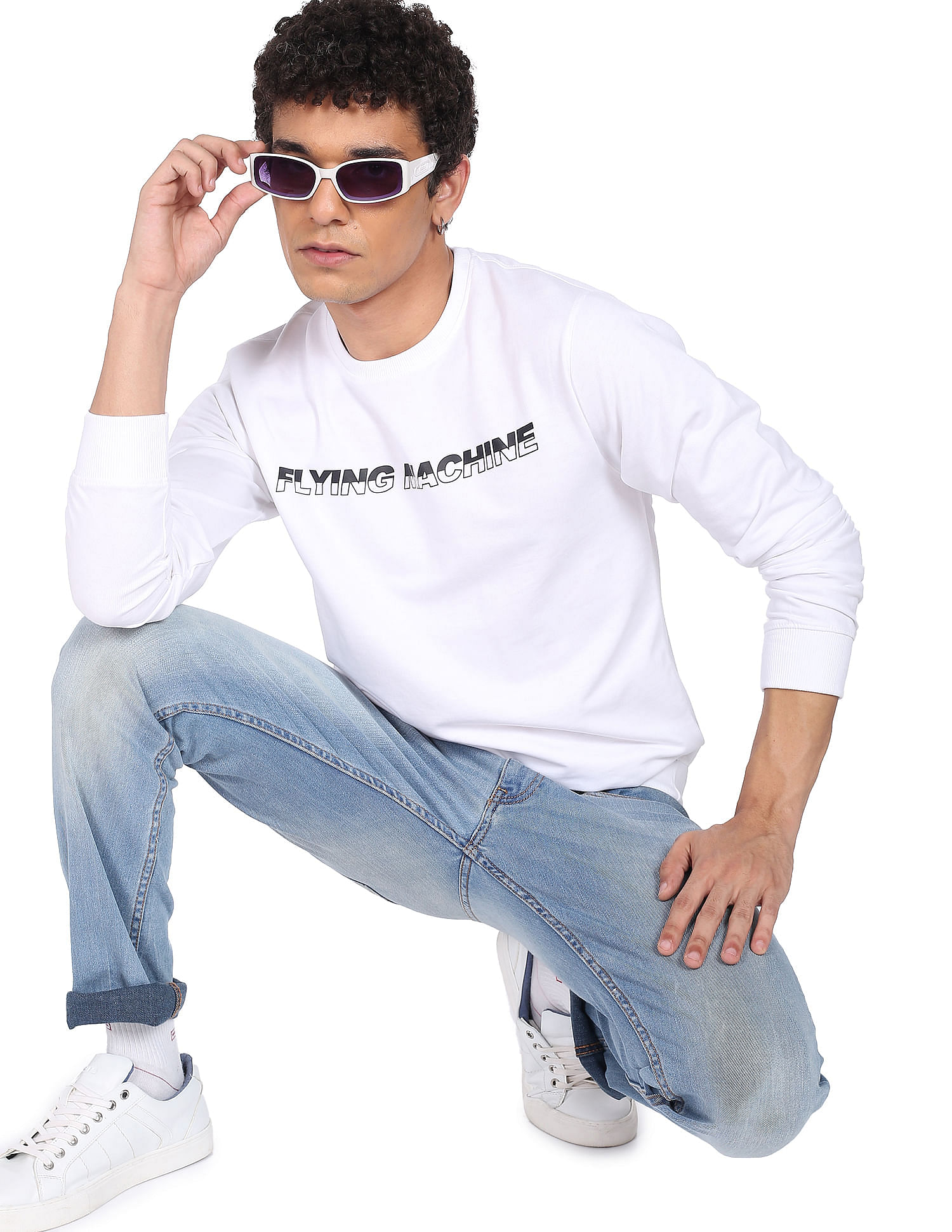 Flying Machine Ribbed Neck Brand Print Sweatshirt