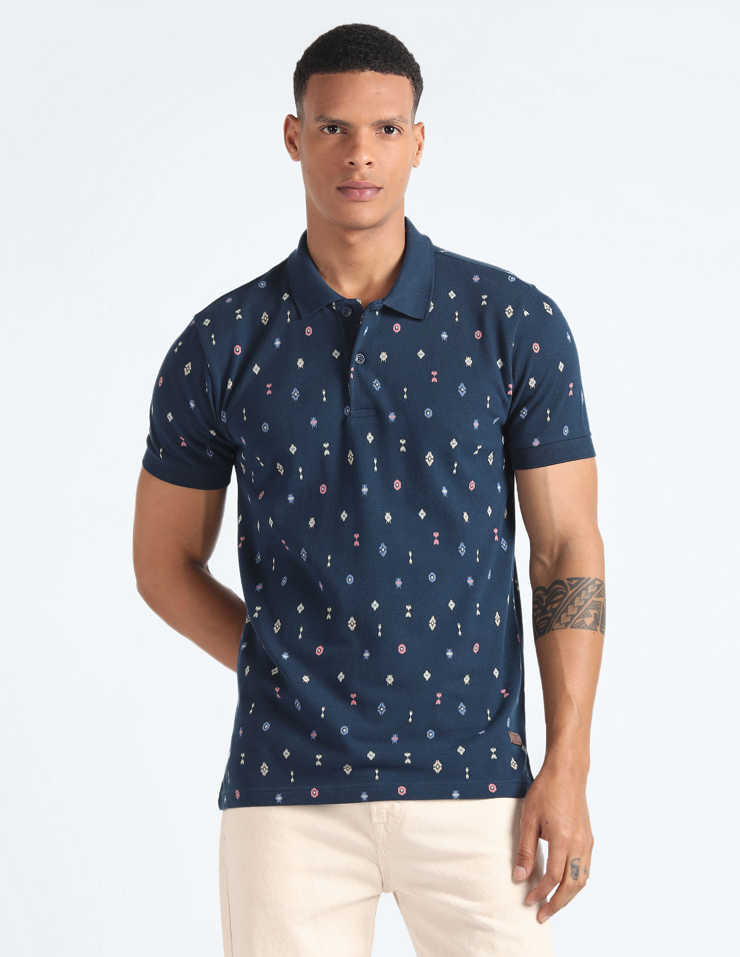 Flying Machine Geometric Print Cotton Polo Shirt