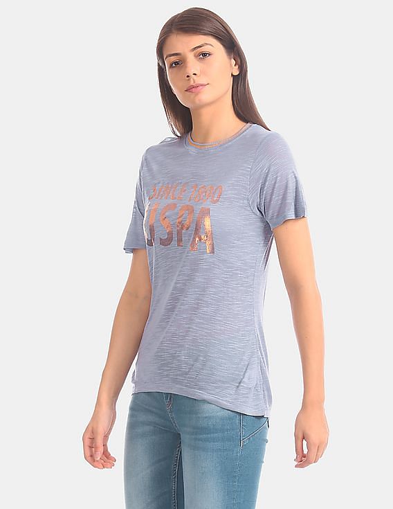 U.S. Polo Assn. Women Blue Slubbed Modal Jersey Printed T-Shirt
