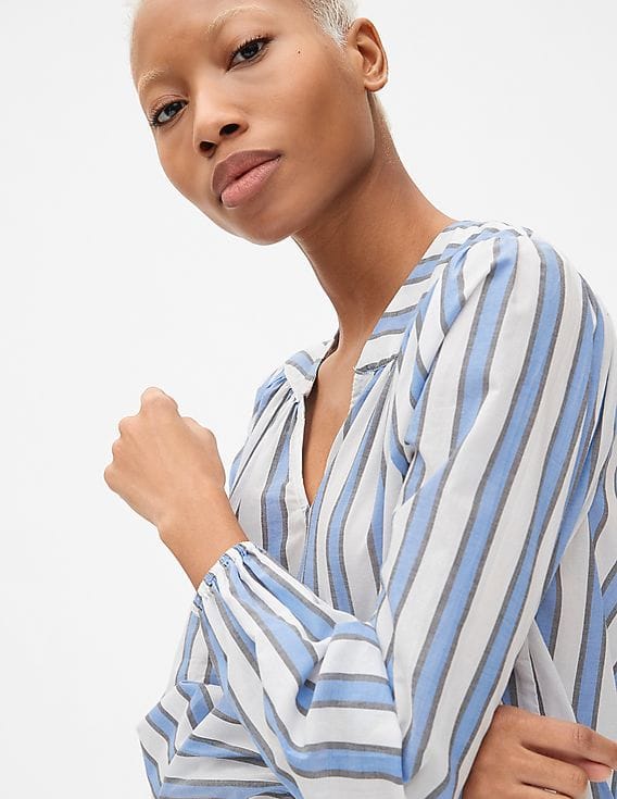 Buy GAP Women Blue Long Sleeve Stripe Split-Neck Top - NNNOW.com