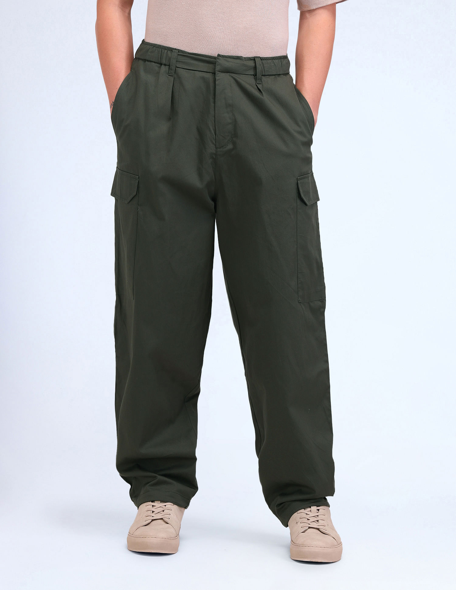 Flying Machine Solid Loose Fit Pleated Cargos