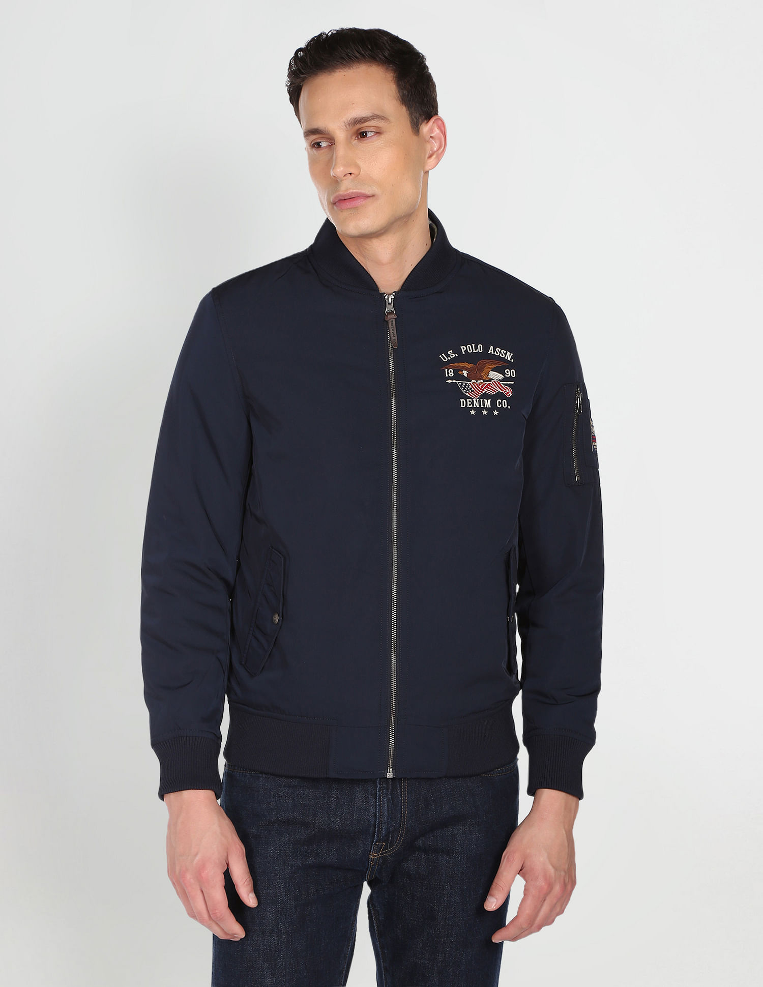 U.S. Polo Assn. Denim Co. Stand Collar Brand Embroidered Polyester Bomber Jacket