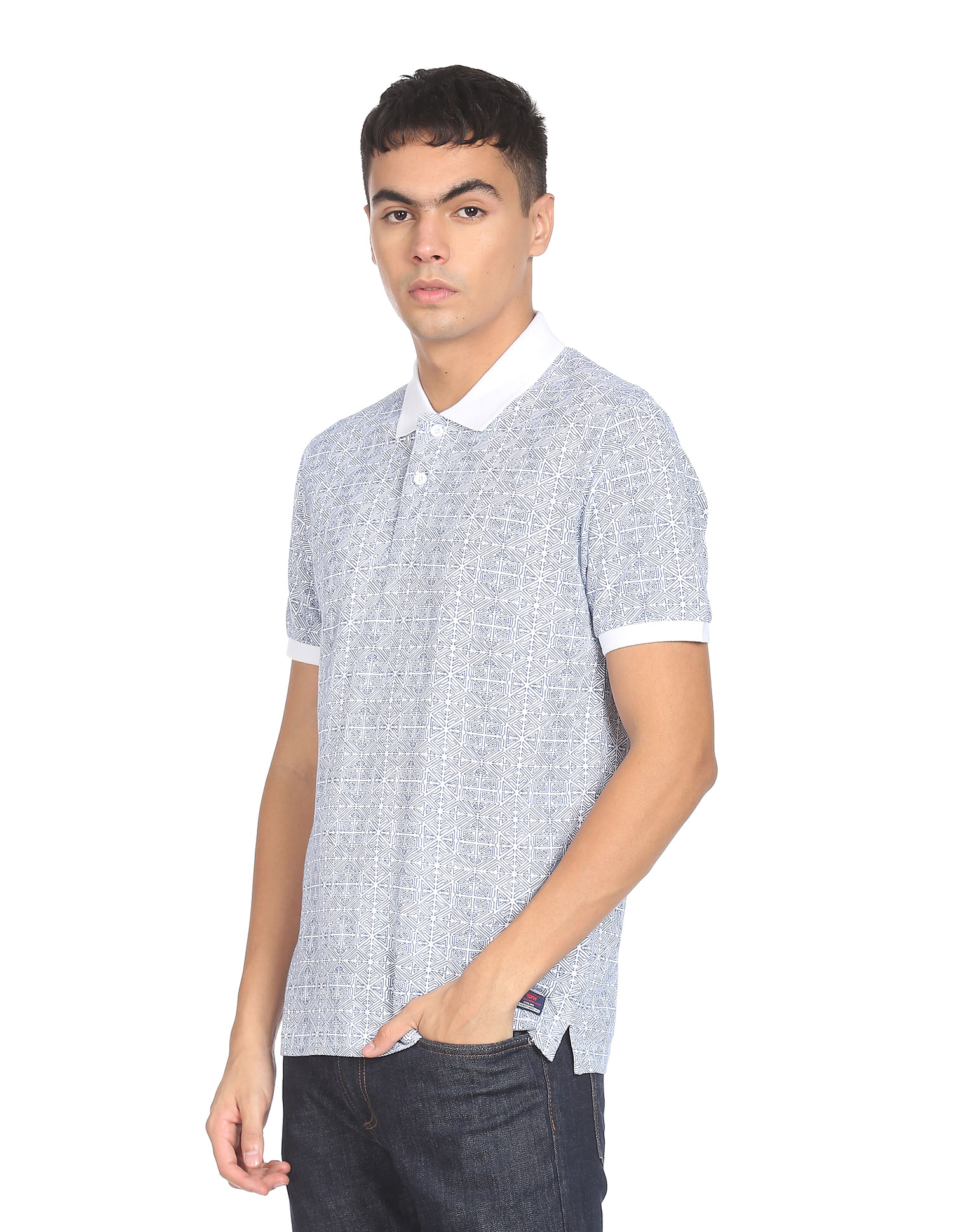 Flying Machine All Over Geometric Print Cotton Polo Shirt