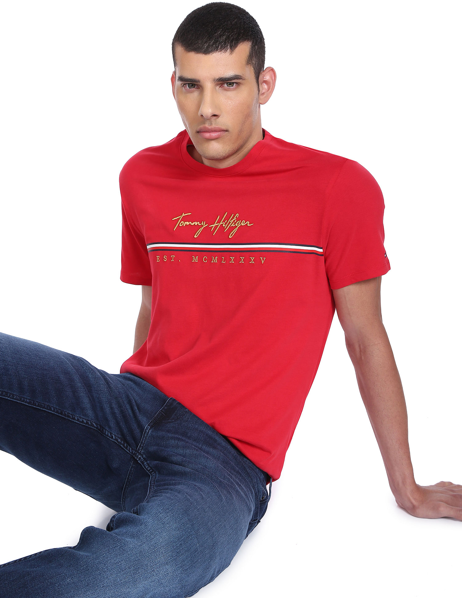 Buy Tommy Hilfiger Men Red Logo Embroidered Cotton T-Shirt NNNOW.com