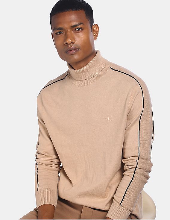 Buy Calvin Klein Men Beige Turtleneck Contrast Piping Sweater 