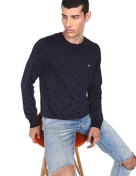 Buy Tommy Hilfiger Men Navy Monogram Knit Degrade Organic Cotton Sweater