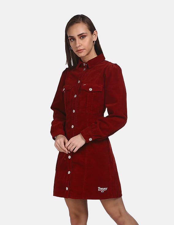 Buy Tommy Hilfiger Women Wine Red Fitted Corduroy Shirt Dress - NNNOW.com