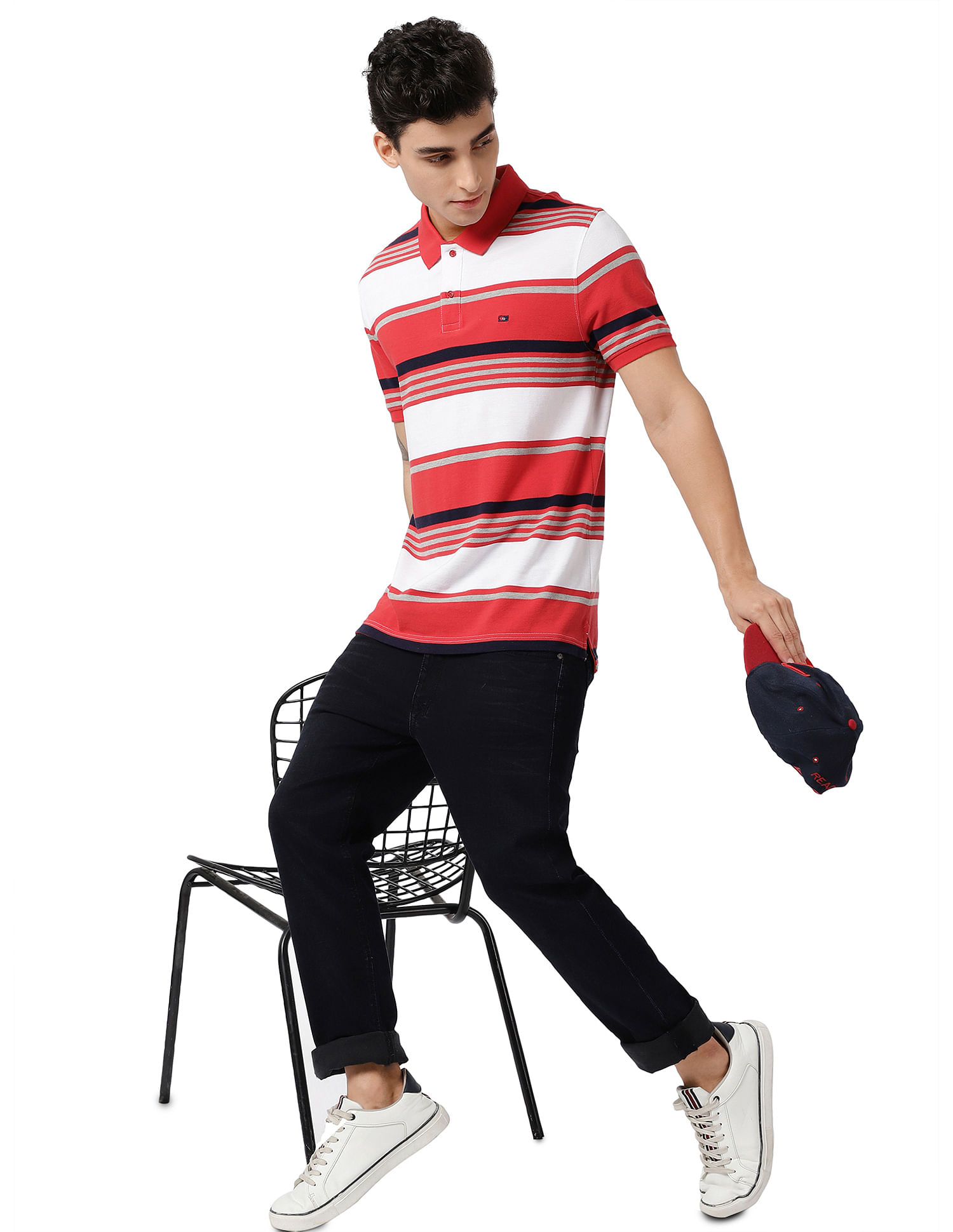 AD by Arvind Horizontal Stripe Cotton Pique Polo Shirt