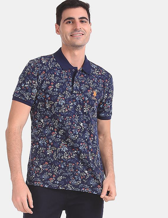 U.S. Polo Assn. Men Blue Printed Cotton Stretch Polo Shirt