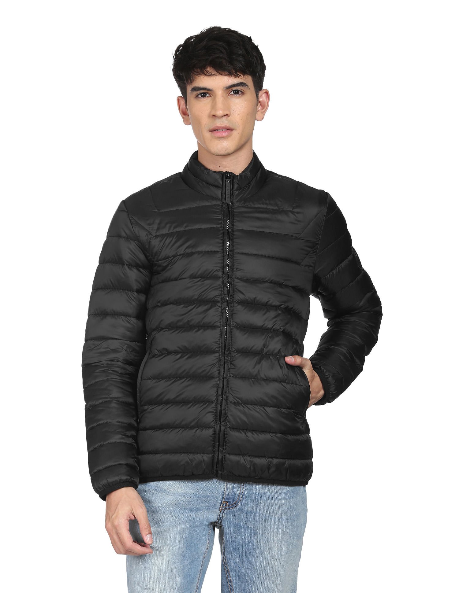 Flying Machine High Neck Solid Quilted Jacket