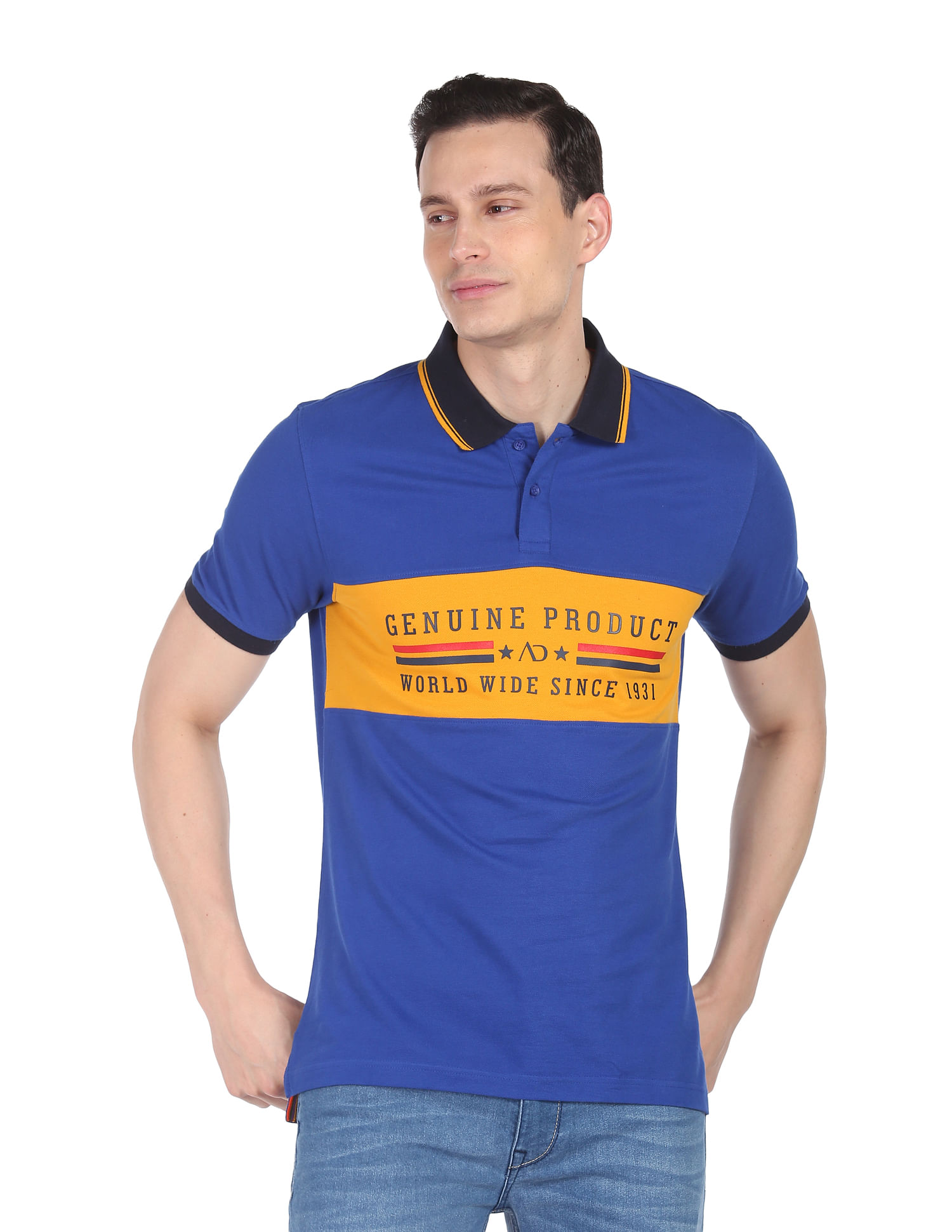 AD by Arvind Contrast Panel Printed Polo Shirt