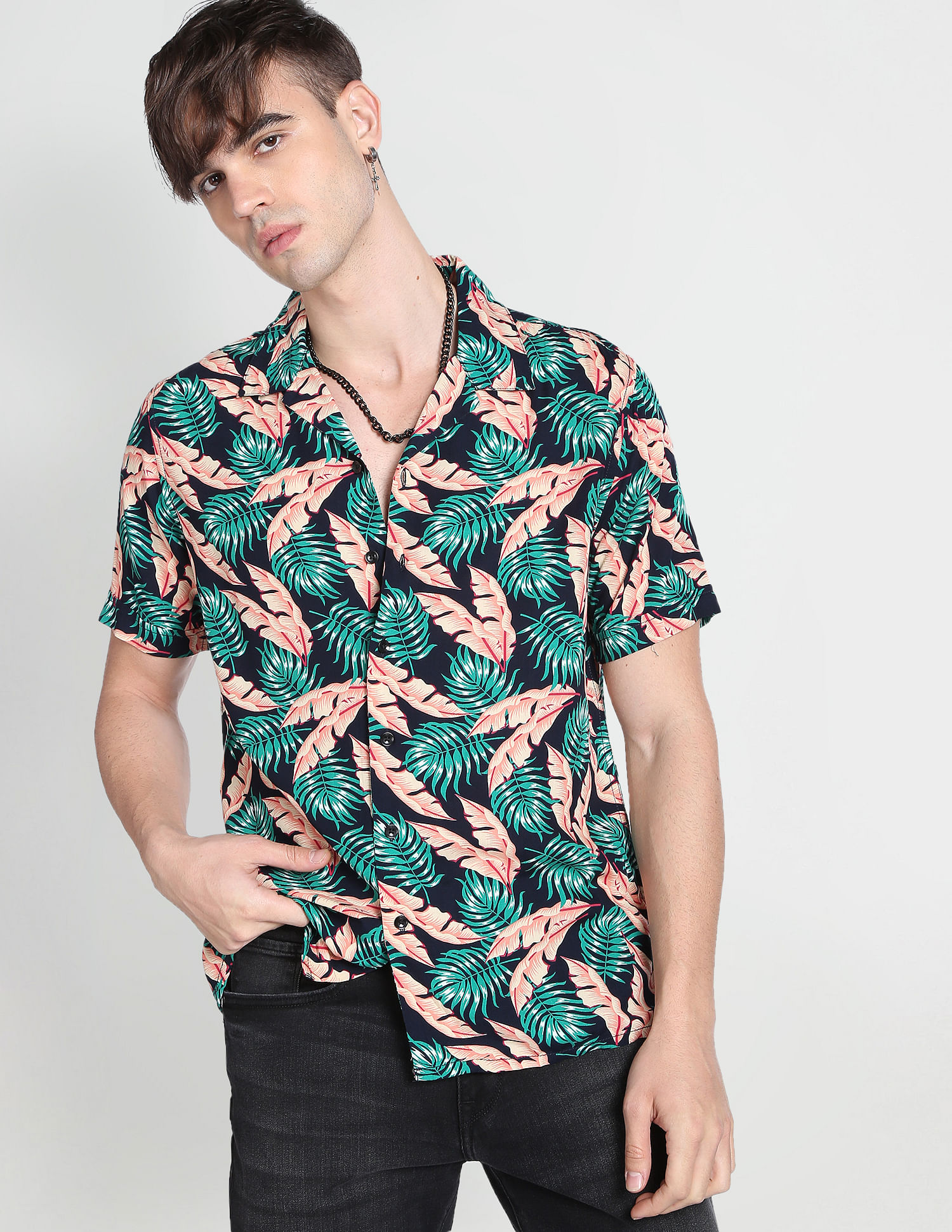 Buy Machine Tropical Print Slim Casual Shirt - NNNOW.com