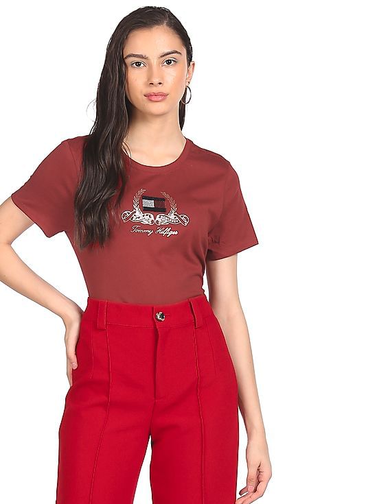 tシャツ 「ＲＩＶＮ」ＮＩＮＡ　ＪＥＲＳＥＹ　ＴＯＰ レディース Buy Tommy Hilfiger Women Red Round Neck Nina Logo T-Shirt