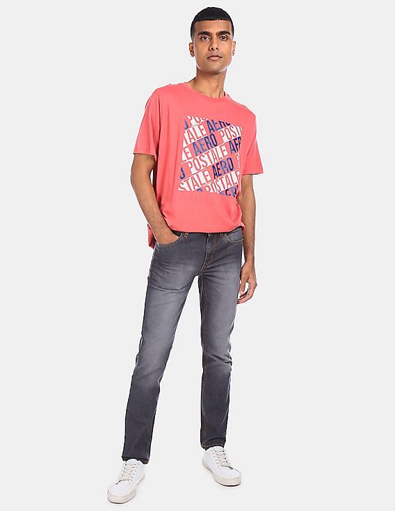Aeropostale Men Coral Pink Crew Neck Cotton Graphic Print T-Shirt