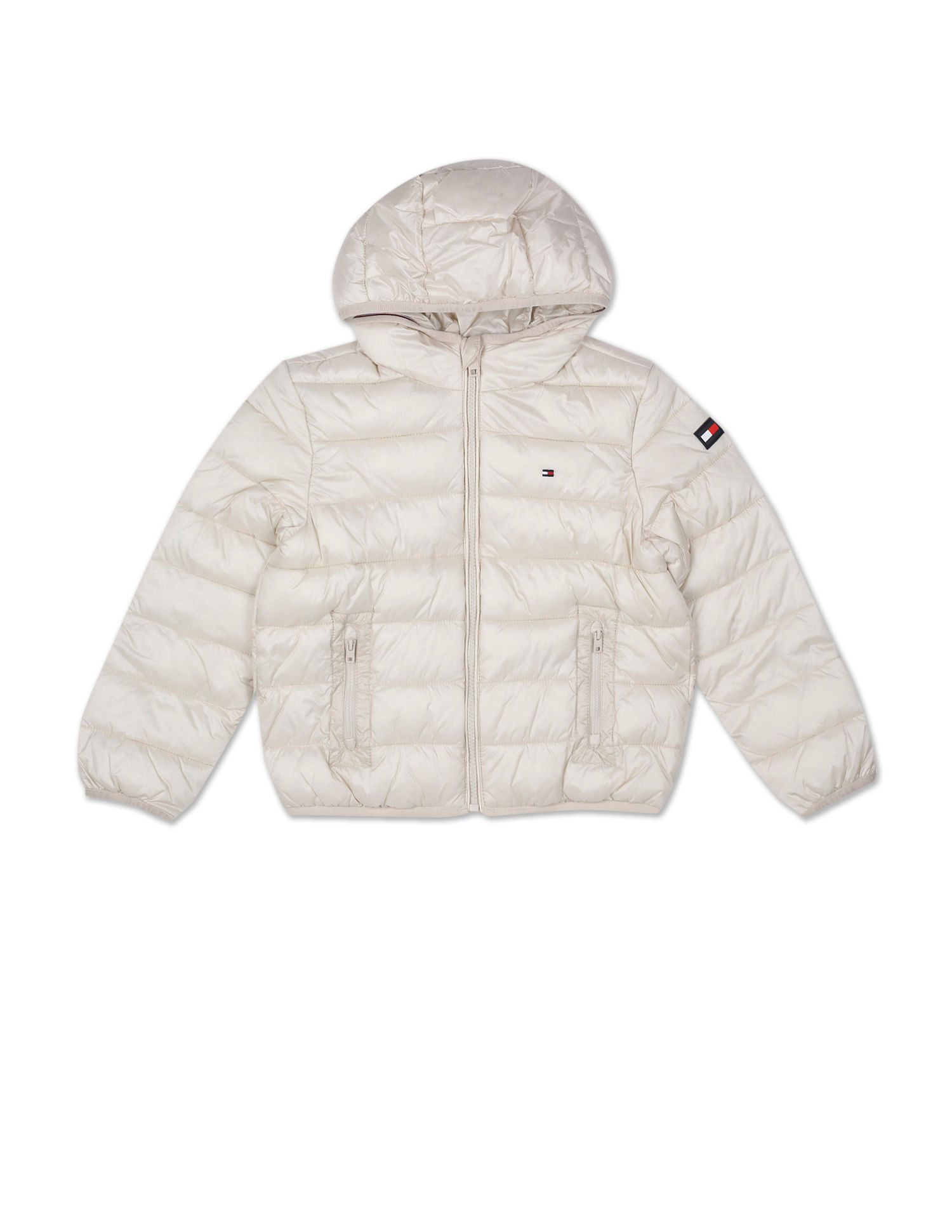 Buy Tommy Hilfiger Kids Girls Off White Brand Tape Quilted Hooded Jacket NNNOW