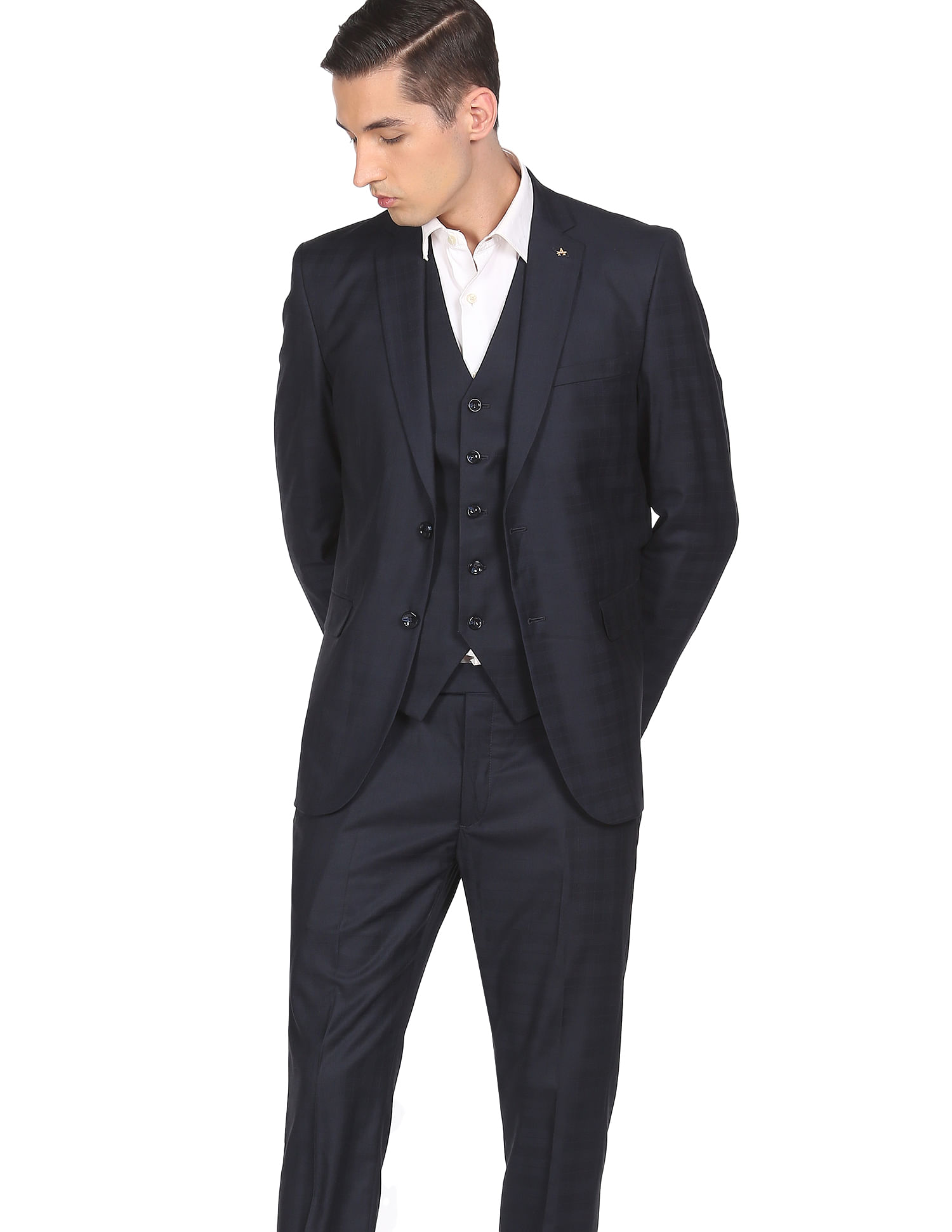 Bank Slim Fit Dark Navy Blue Checked Double Breasted Men's Suit With Peak  Lapels | MrGuild