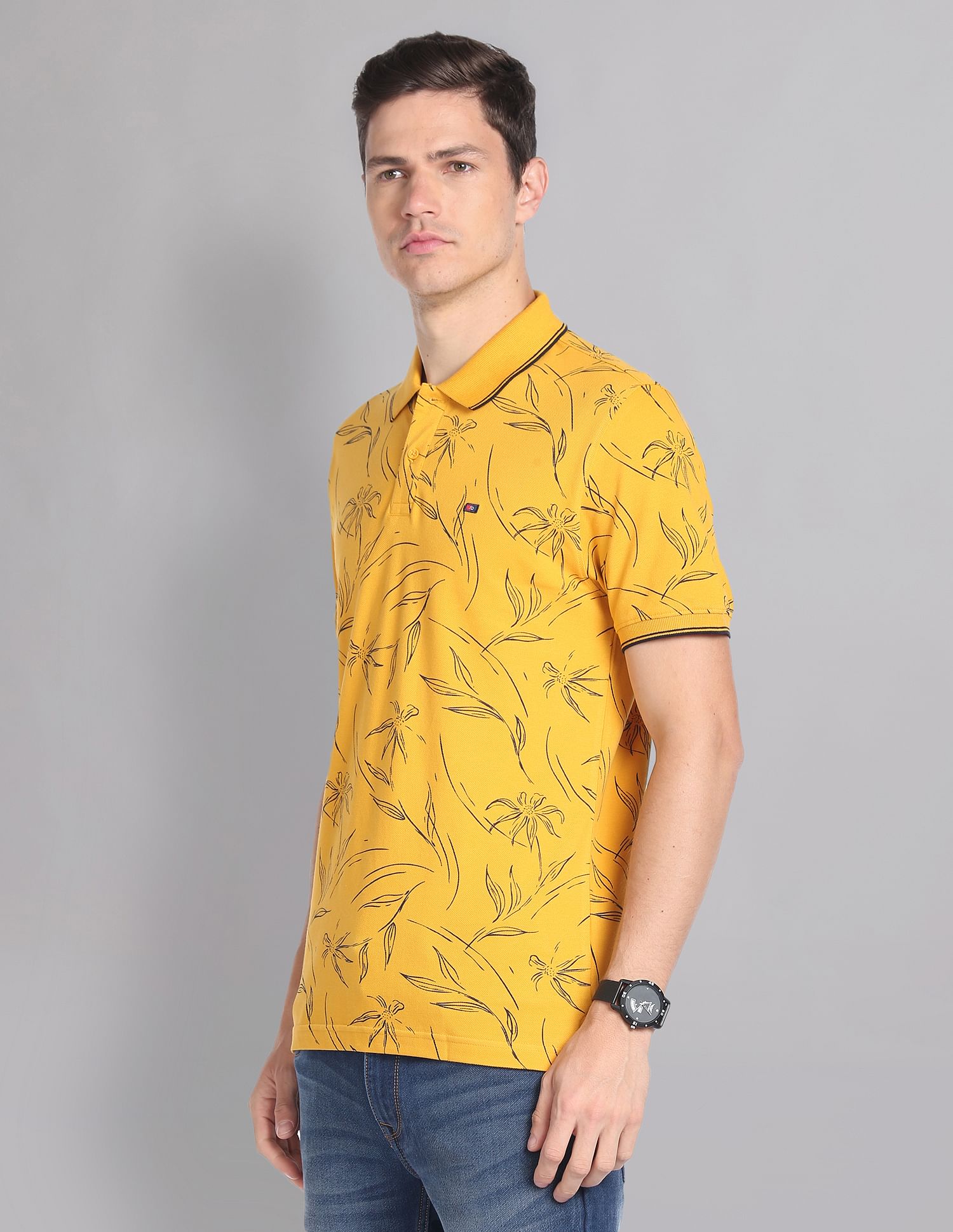 AD by Arvind Floral Print Cotton Polo Shirt
