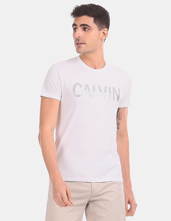 Calvin Klein Men White Slim Fit Brand Logo T-Shirt