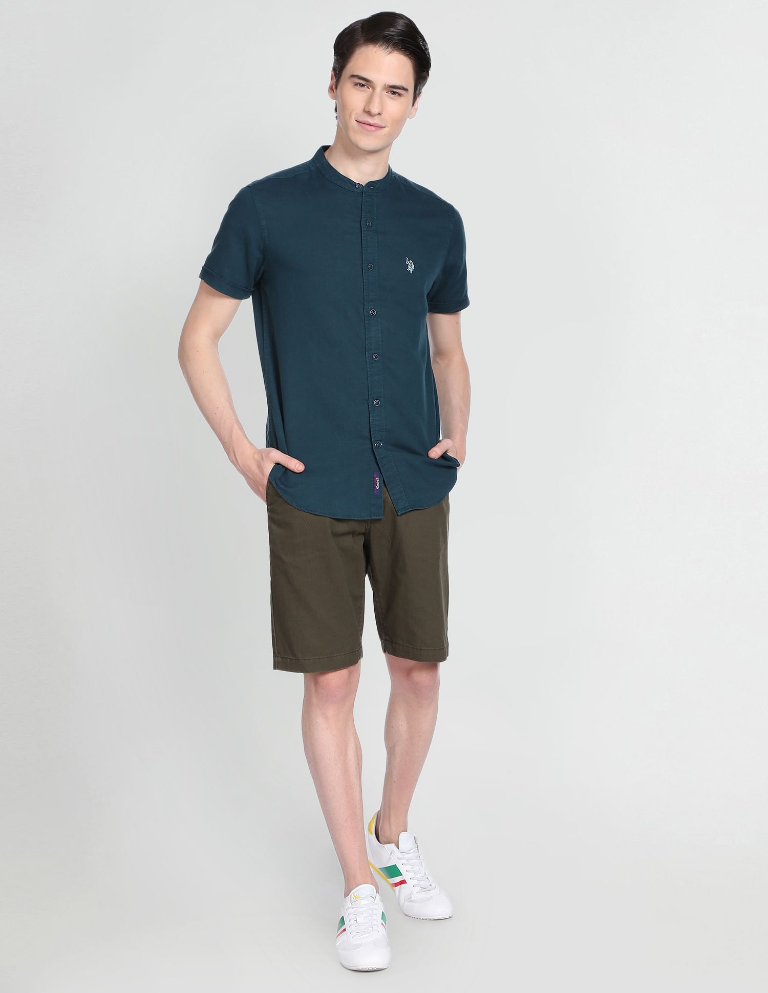 U.S. Polo Assn. Denim Co. Mandarin Collar Overdyed Solid Shirt