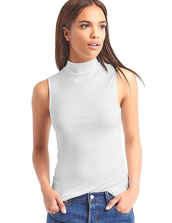 GAP Women White Ribbed Mock Neck Tank