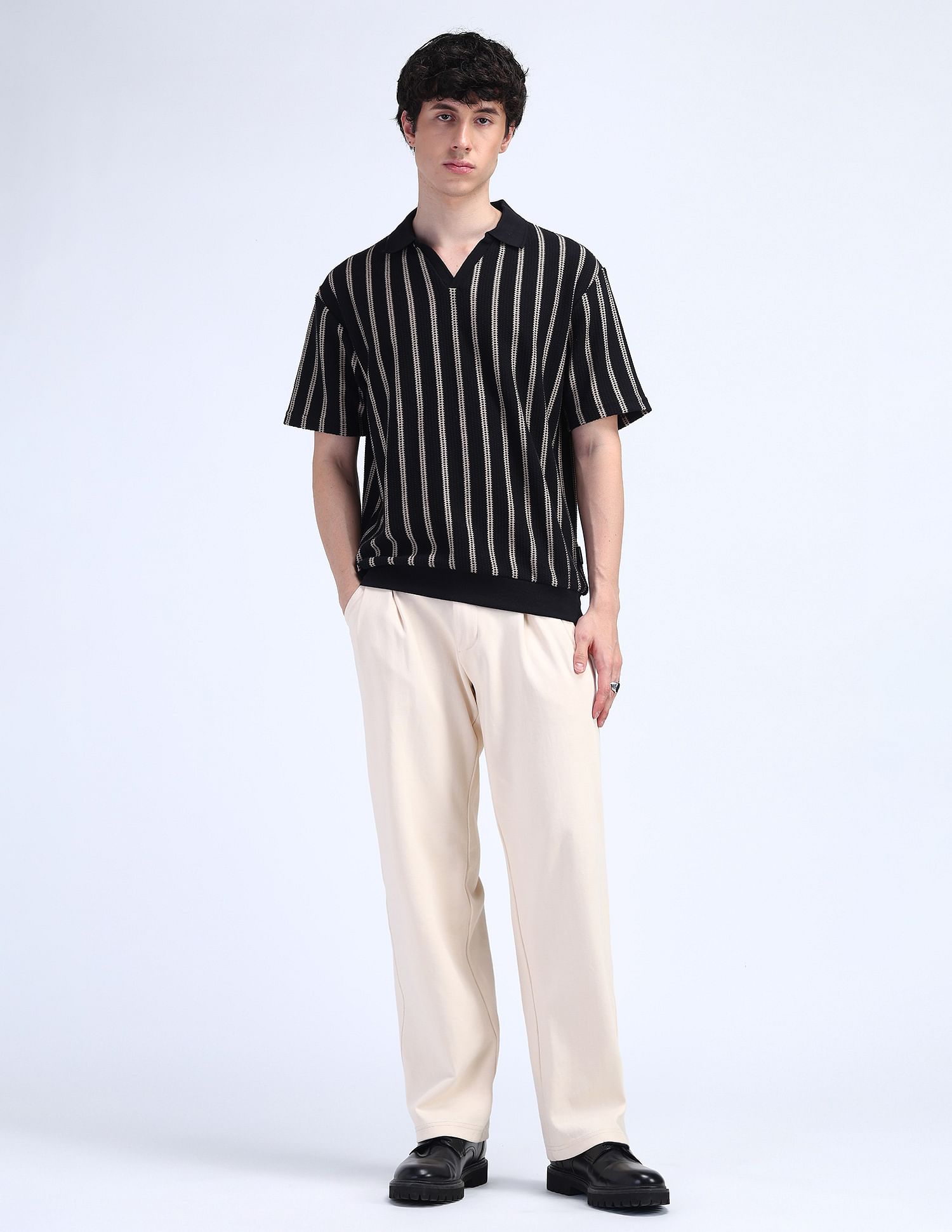 Flying Machine Vertical Striped Relaxed Polo Shirt