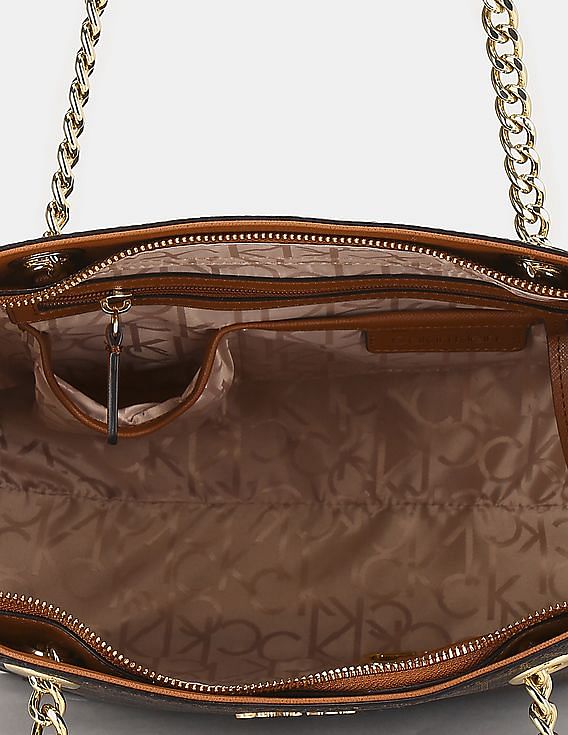 Buy Calvin Klein Women Light Brown Chain Trim Monogram Tote Bag - NNNOW.com