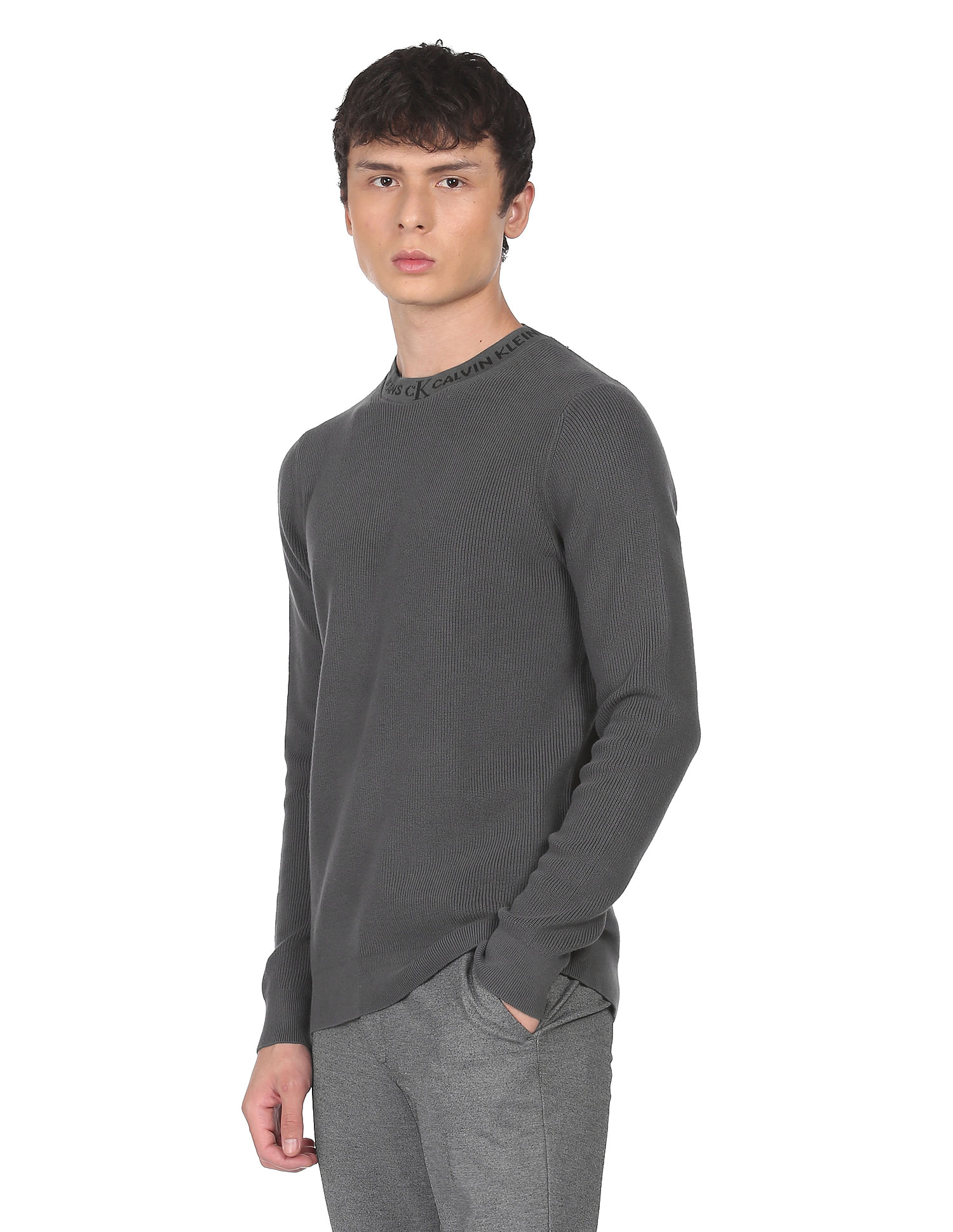 Tシャツ(長袖+七分) perverze jacquard fit long tee gray Women's Crew Neck Long Sleeve Silhouette T-Shirt (Heather