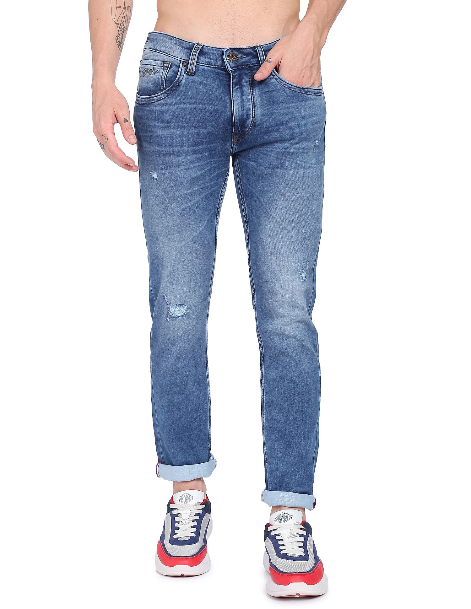 Flying Machine Mid Rise Lightly Distressed Stone Wash Jeans