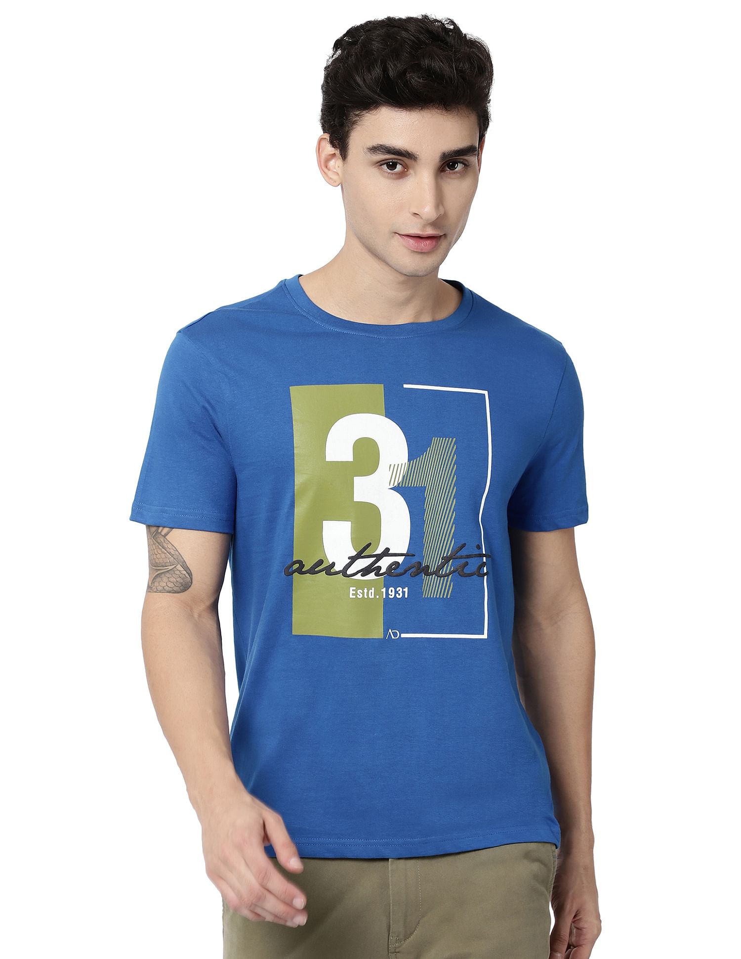 AD by Arvind Crew Neck Typographic Print Cotton T-Shirt