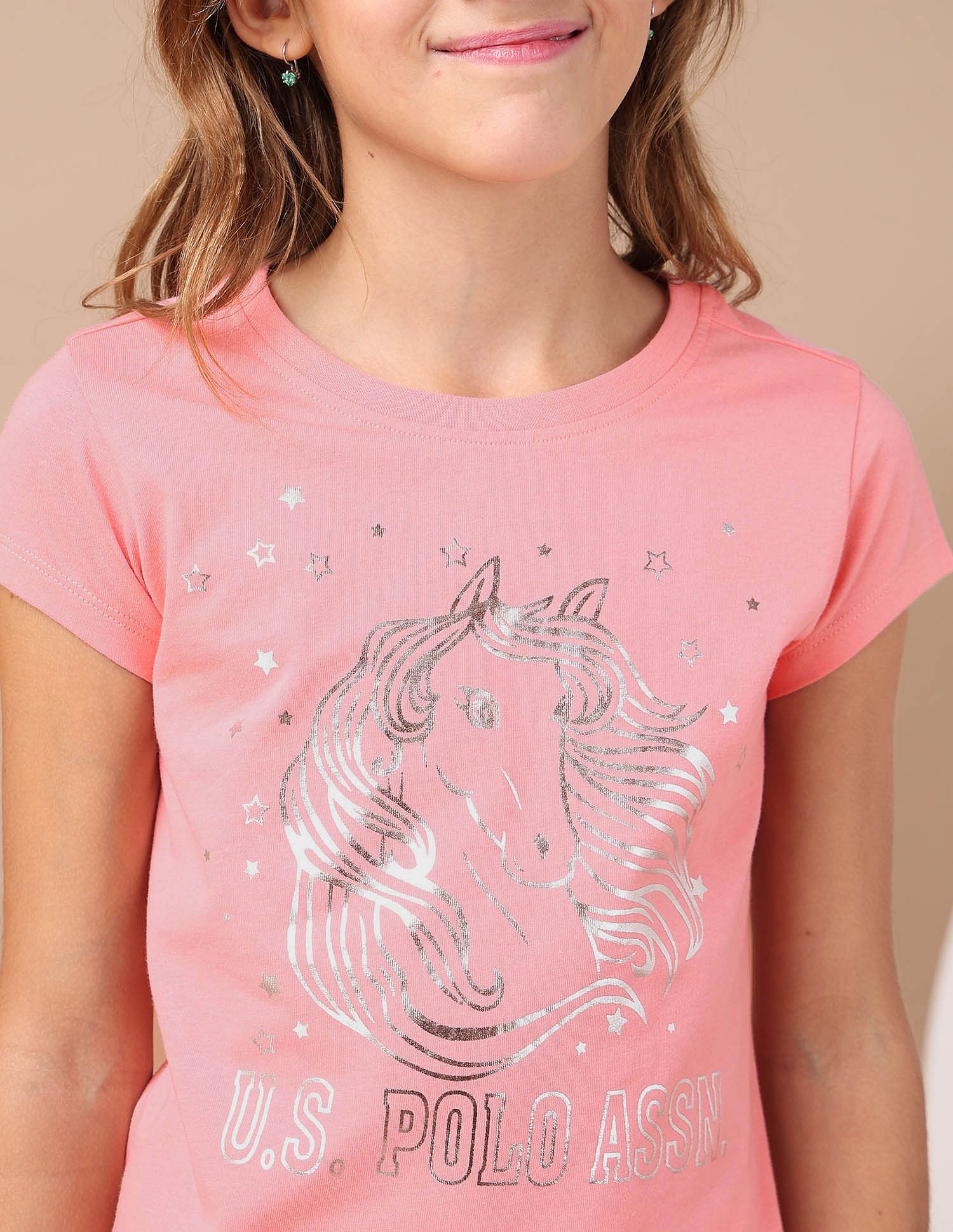 U.S. Polo Assn. Kids Girls Foil Print Regular Fit T-Shirt