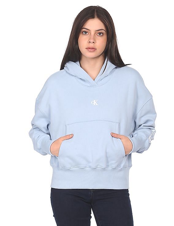 Calvin Klein Jeans Women Light Blue Brand Print Hooded Sweatshirt