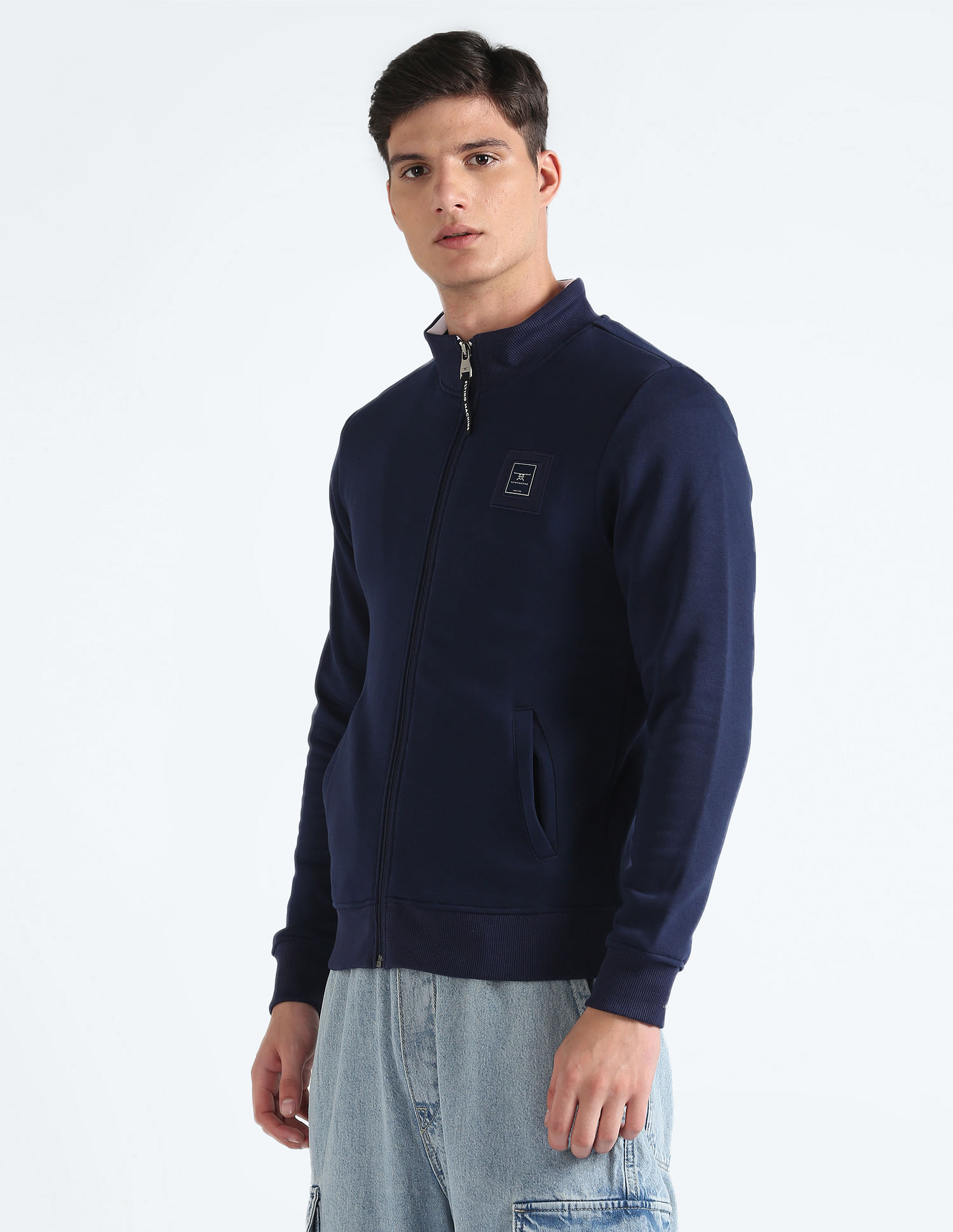 Flying Machine Stand Neck Solid Sweatshirt