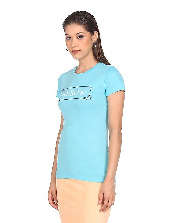Aeropostale Women Aqua Crew Neck Brand Print T-Shirt