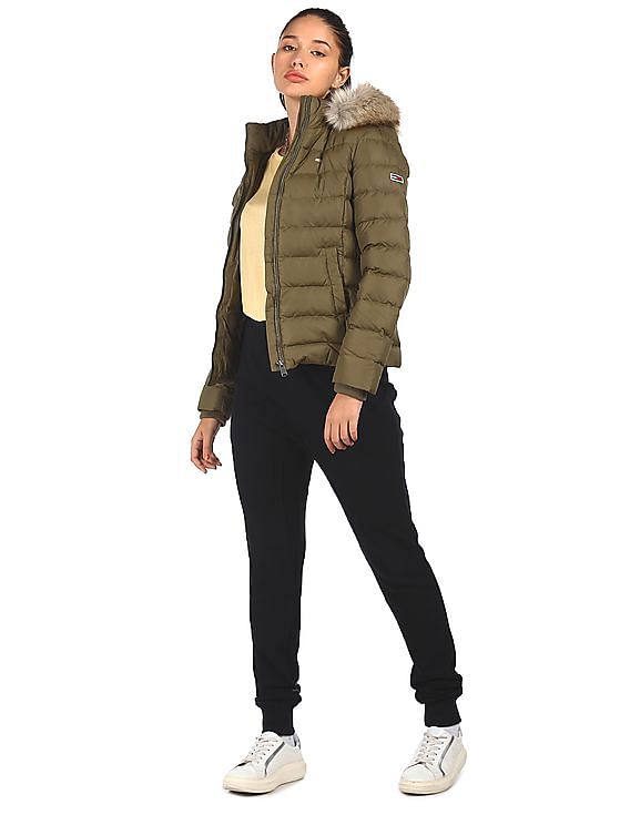 Buy Tommy Hilfiger Women Olive Detachable Fur Hood Solid Down