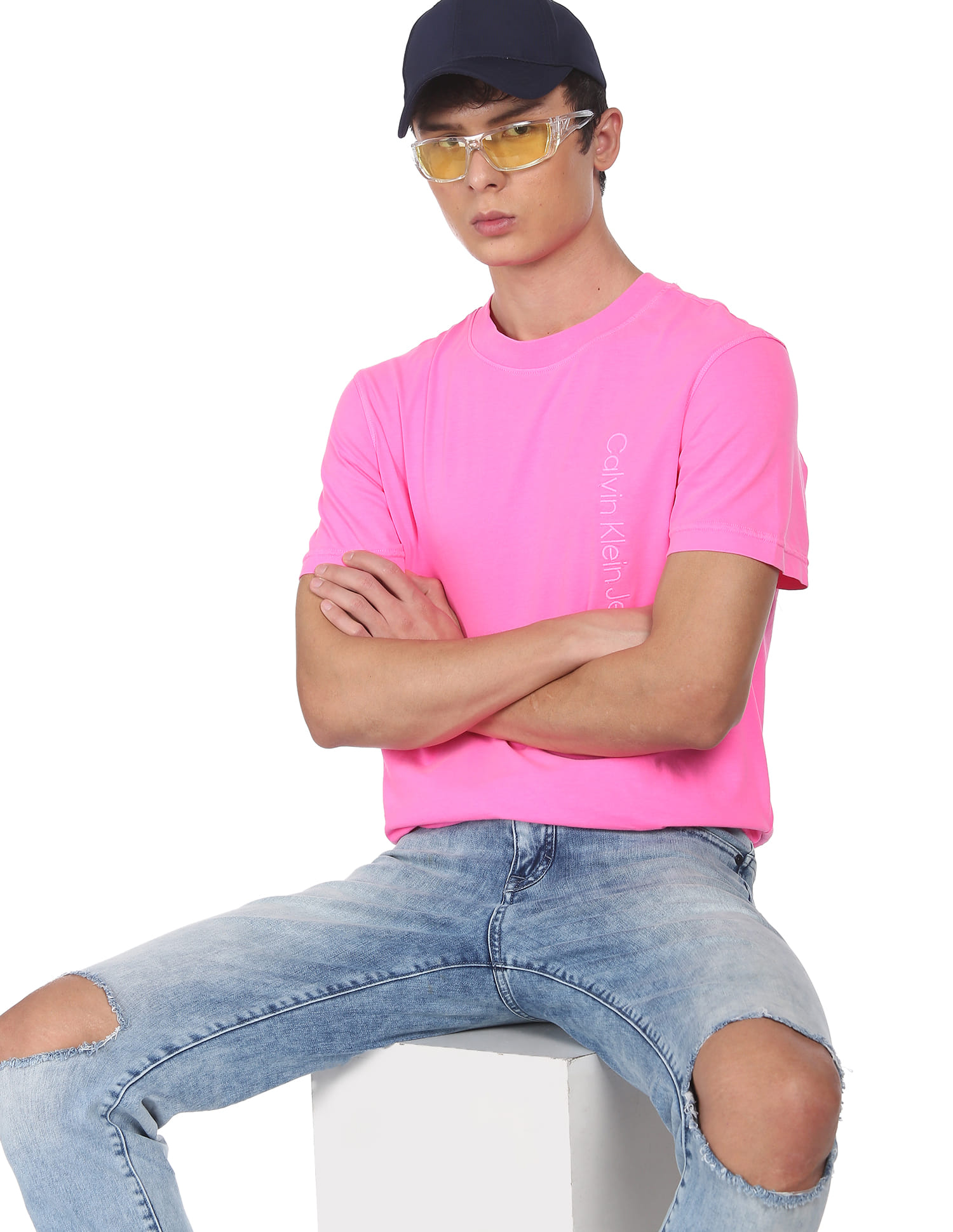 Buy Calvin Klein Jeans Men Neon Pink Crew Neck Embroidered Logo T