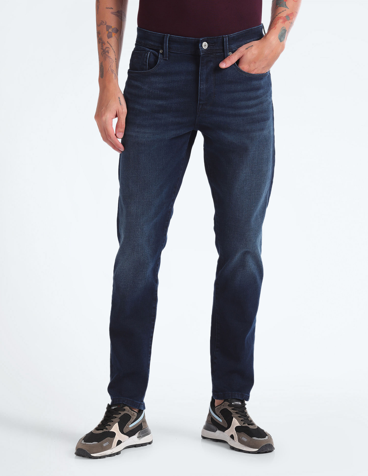 Flying Machine Mid Rise Slash Slim Tapered Jeans