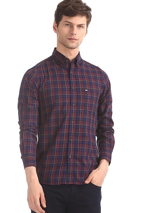 Purple Button Down Collar Check Shirt 