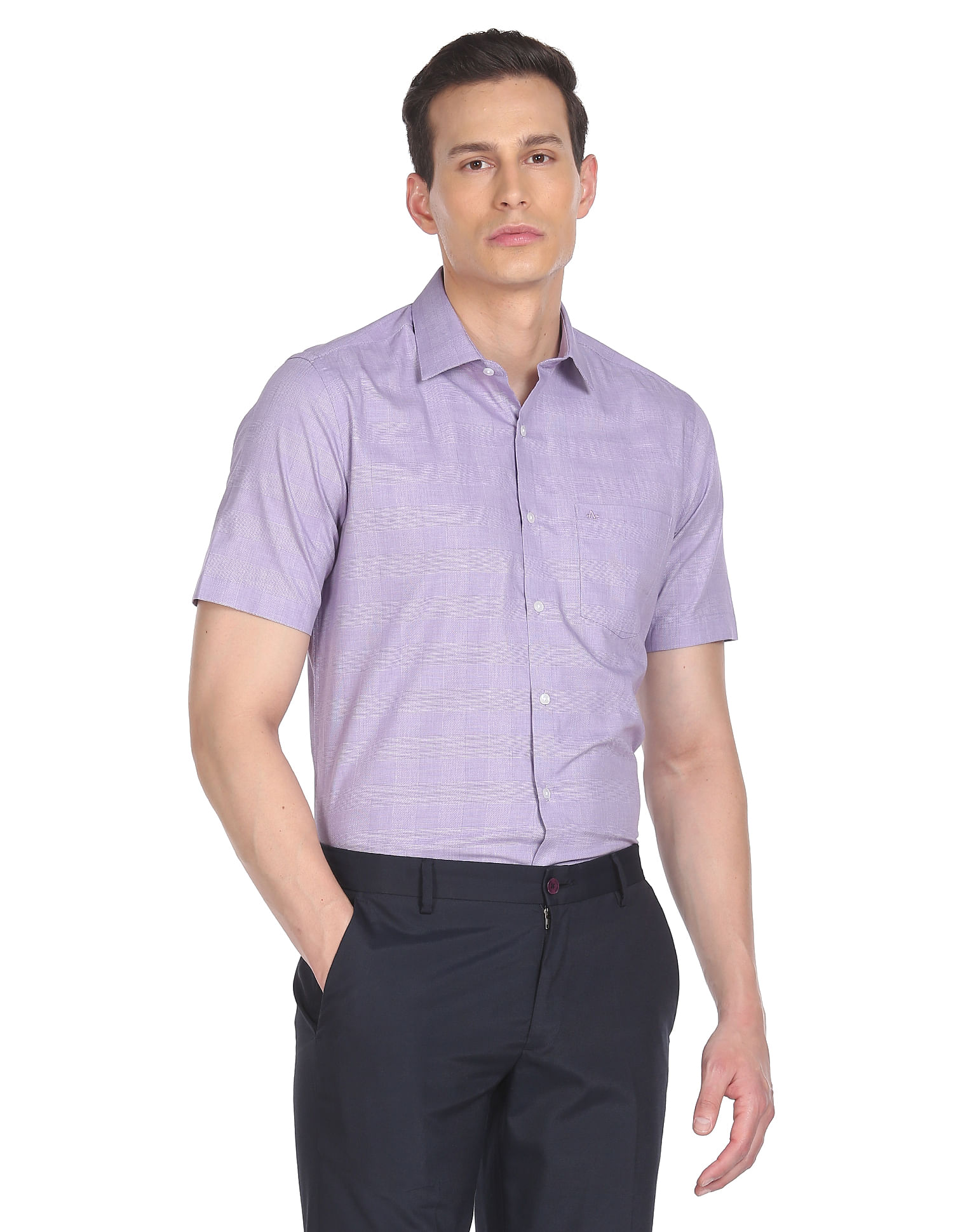 purple short sleeve button up