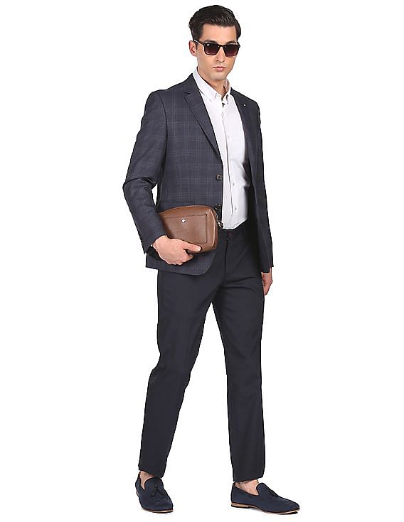 Tommy Hilfiger Men Navy Tailored Regular Fit Check Formal Blazer