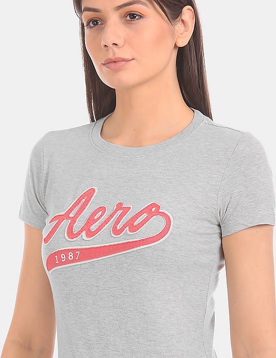 Buy Aeropostale Women Light Heather Grey Crew Neck Brand Applique