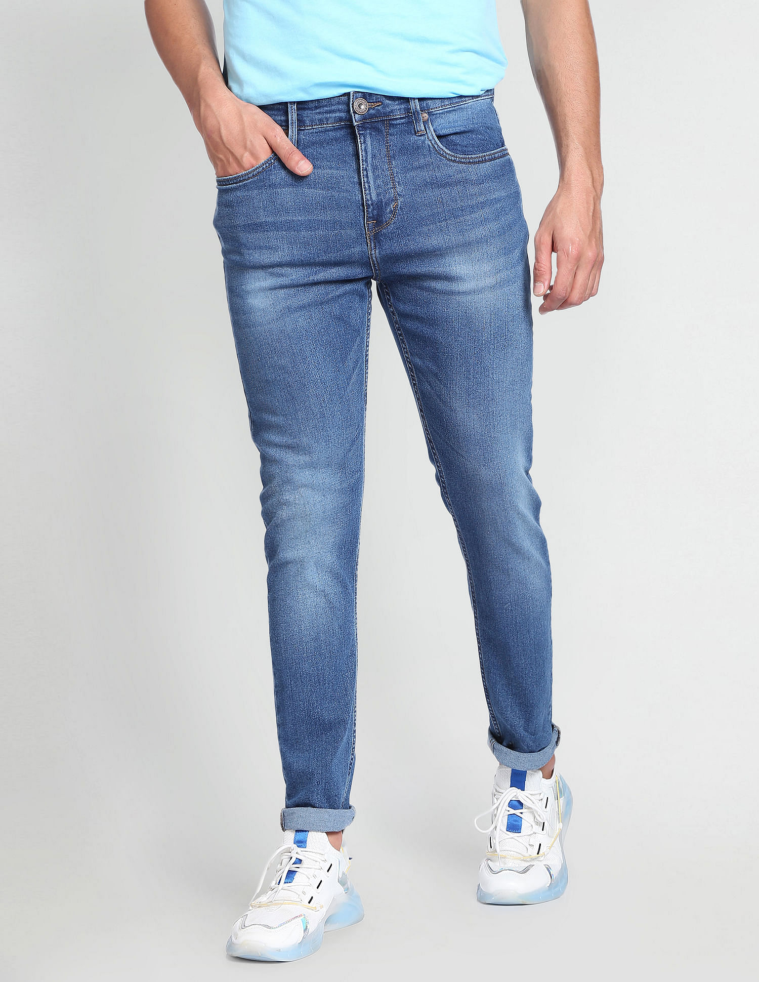 Flying Machine Mid Rise Stone Wash Whiskered Jeans
