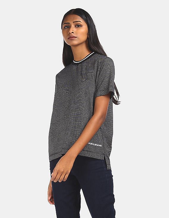 Calvin Klein Women Black Ribbed Round Neck Metallic Striped T-Shirt