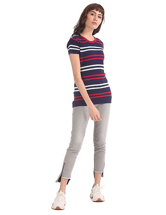 U.S. Polo Assn. Women Blue Patterned Stripe Knit Top