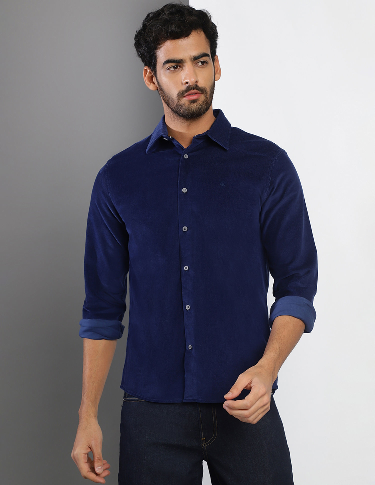 Calvin Klein Men Navy Logo Badge Corduroy Casual Shirt